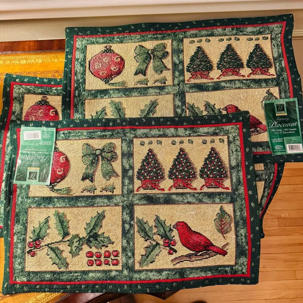 Yuletime Tapestry Holiday Needlepoint Holly Cardinal Christmas Tree Set of 4 NEW